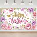 Mocsicka Happy Birthday Backdrop for Women Pink Floral Happy Birthday Party Decorations Purple Flower Glitters Birthday Banner 70.8 x 43.3 Inch