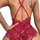 SOLY HUX Women's One Piece Lingerie Sexy Lace Babydoll Deep V Teddy Criss Cross Backless Teddy Mini Bodysuit (Red, S)