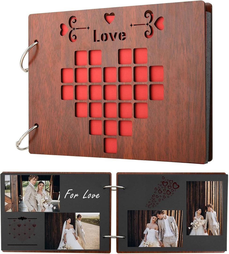 Wooden Photo Album, Handmade DIY One Year Memory Notebook Family Photo Album, Couples Our First Year Scrapbook, Husband Wife Memory Book for Dating Gifts, First Paper Anniversary (Heart Style)