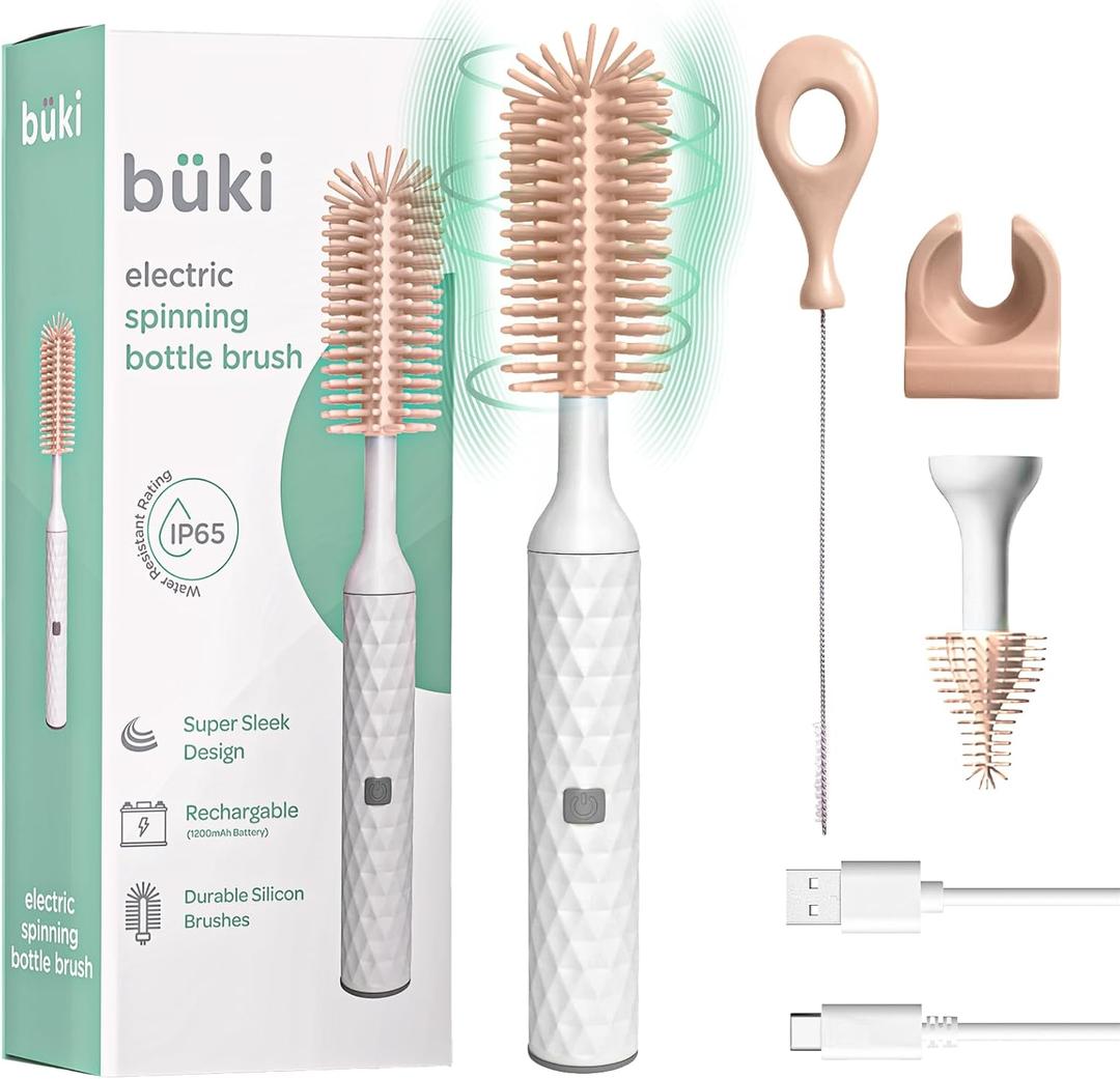 Bki Electric Baby Bottle Cleaning Brush Set - Rechargeable Electric Bottle Brush with Straw Cleaner - Water Bottle Cleaning Kit, Nipple Brush, 1200mAh Brush Cleaner (by Kindersense), Pink