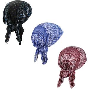 Pre Tied Chemo Head Scarf 3 Packed Beanie Skull Cover Cap for Women (Set6-Long Style) (Blue)