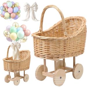 Wicker Carriage,Woven Rattan Stroller Shaped Flower Basket,Natural Willow BranchesUsed for Welcoming Infants, Wedding Parties, Home Decor, Floral Decoration (Not for Infants) (L Wicker Carriage a)