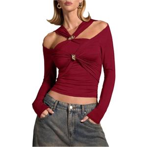 WDIRARA Women's Twist Front Ruched Cut Out T Shirt Long Sleeve Going Out Tops (L)