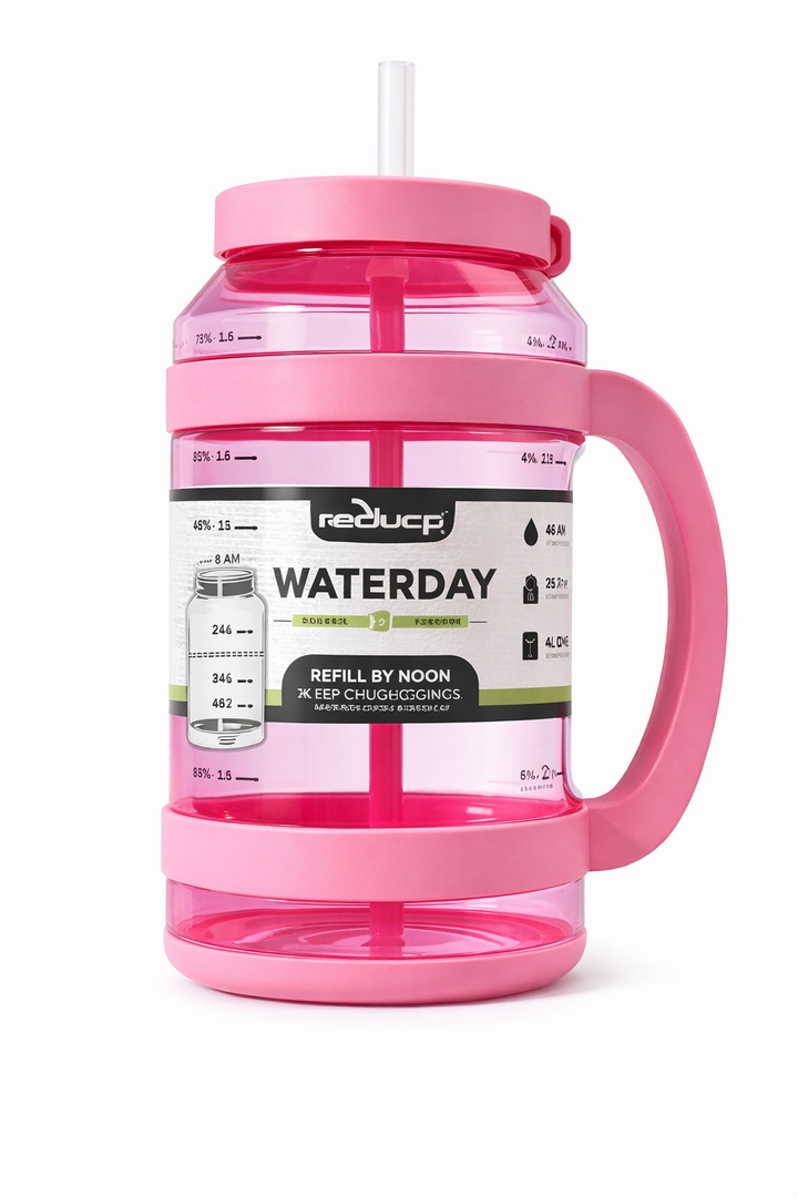 REDUCE WaterDay 80 oz Water Jug with Time/Ounce Markings - Spill-Proof Straw, Durable Tritan - Big Water Bottle for Daily Hydration - Dishwasher Safe, Clear & Easy to Clean, Pink