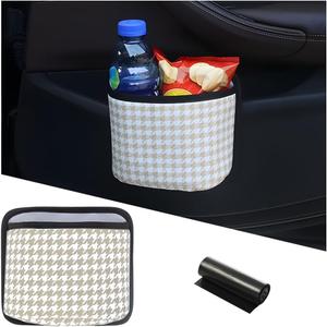 Car Trash Can, Mini Foldable Vehicle Garbage Organizer with 15PCS Bin Bag, Check Pattern Auto Interior Hanging Bin Container Accessoies, Universal for SUV Sedan Truck (Beige/White)