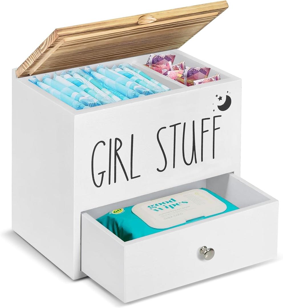 Tampon Holder for Bathroom Decor and Storage, Wood Feminine Product Organizer with Drawer and Lid, Pad and Tampon Organizer Bathroom Accessories Box for Tampon Storage, White Cotton Ball/Swab Holder