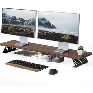 Fenge Dual Monitor Stand Riser, 42.5 Inch Desk Top Shelf for 2 Monitors, Computer Stands for Desk, Wood & Steel Desktop Riser for Laptop, PC, Printer (Brown)