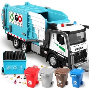 Dwi Dowellin 12'' Electric Garbage Truck Toy Set with Lights/Sounds,Includes Dumpster, Trash Bins, and Learning Cards for Kids, Toy Gifts for 3 4 5 6 Year Old Boys(Blue)