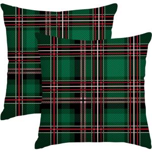RABUSOFA Green Plaid Christmas Pillow Covers 18x18 Inch Set of 2, Winter Holiday Party Farmhouse Xmas Cushion Cases Decoration for Home Sofa Couch Outdoor (Green, 18" x 18" (Pack of 2))