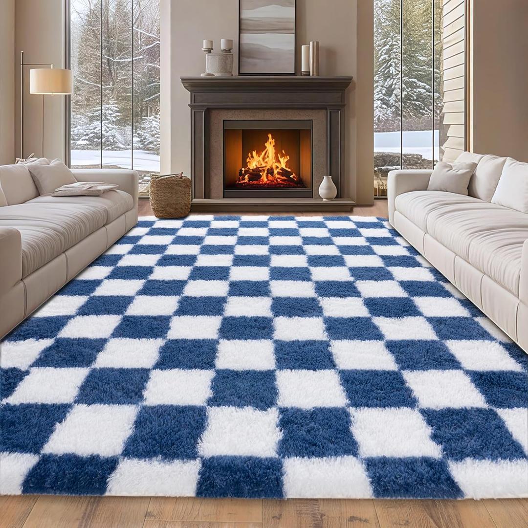 8x10 Checkered Area Rugs for Living Room Bedroom, Blue and Yellow Shag Fluffy Rug for Kids Room,Soft Non Slip Carpets Home Decor Aesthetic, Blue and White