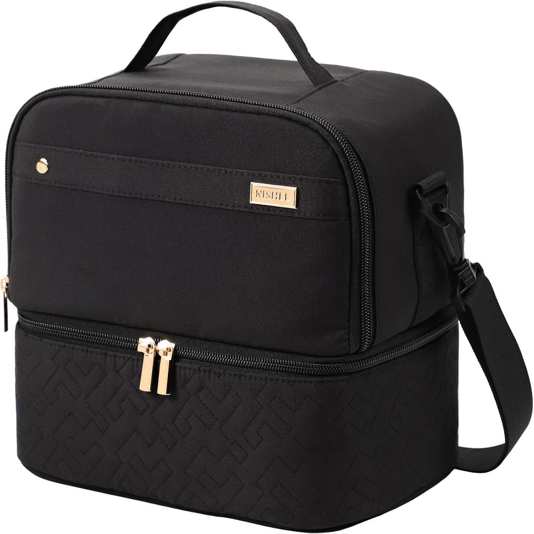 NISHEL Lunch Bag for Women, Insulated Two Separate Compartments Meal Box with Adjustable Shoulder Strap, Leakproof Cooler Case for Work, Black (double layer)