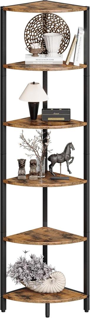 6 Tier Corner Shelf 63.1" Tall Corner Shelves stand Ladder shelf metal Standing Bookshelf Organizer Display Rack Bookcase Plant Stand Industrial style for Living Room Bedroom rustic Brown CS-001RB