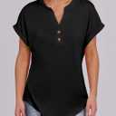 ANRABESS Womens Short Sleeve Henley Tops V Neck Dressy Casual Blouses Summer Trendy Tee Shirts 2026 Vacation Fashion Clothes (Black, L)