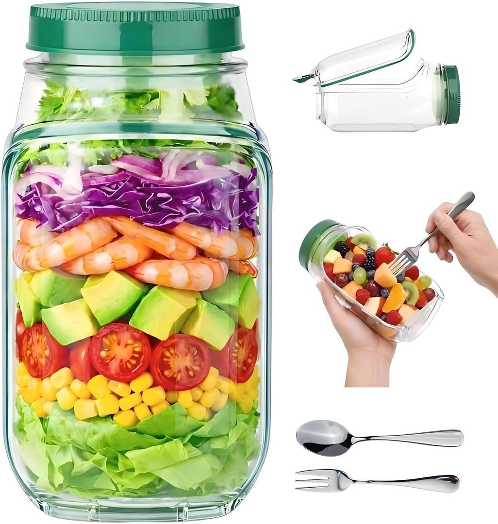 HUAFA Salad Jar Pod, Side Opening Salad Jar To Go with Spork & Spoon, Leakproof Portable Salad Container with Dressing Cup, Meal Prep Jar for Lunch, Work, Travel & Picnic (Green)