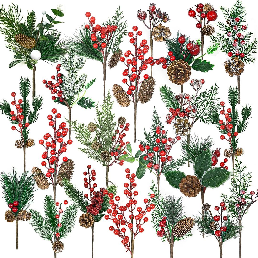 22 Pcs Large Artificial Christmas Tree Picks, Assorted 20 Kinds Red Berry Picks Stem Faux Pine Branches Flower Pick with Pinecones Apples Holly Leaves for Winter Holiday Season Home Decor