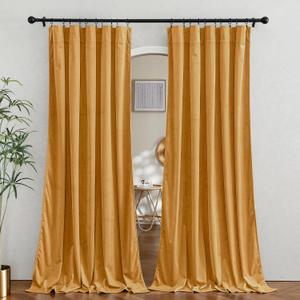 RYB HOME Velvet Curtains for Bedroom, Rod Pocket Soft Fabric Curtains & Drapes for Living Room, Sliding Glass Door, Marigold, W 62 x L 90, 2 Panels Set
