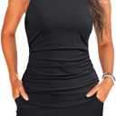 Tankini Swimsuits with Shorts - Two Piece Tummy Control Bathing Suits High Neck Swimwear with Two Side Pockets M