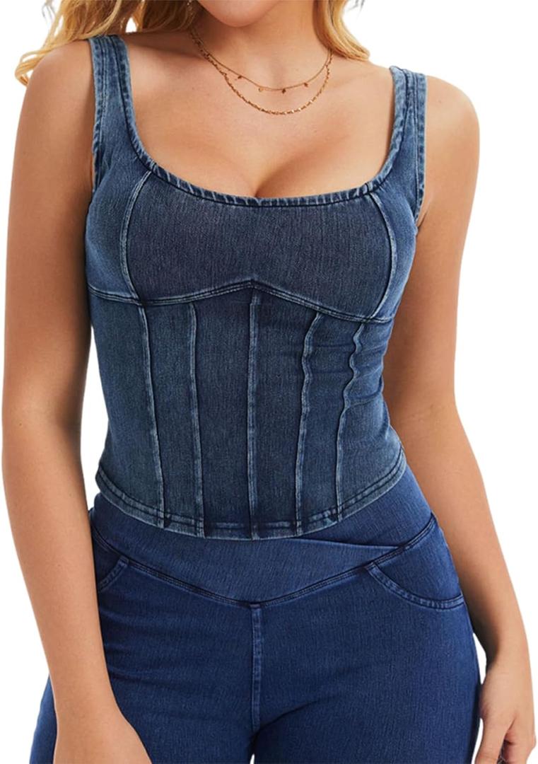 Denim Corset Top for Women Going Out Jean Crop Tank Tops Trendy Sleeveless Slim Fit Workout Denim Bustier (Large, Light Blue)