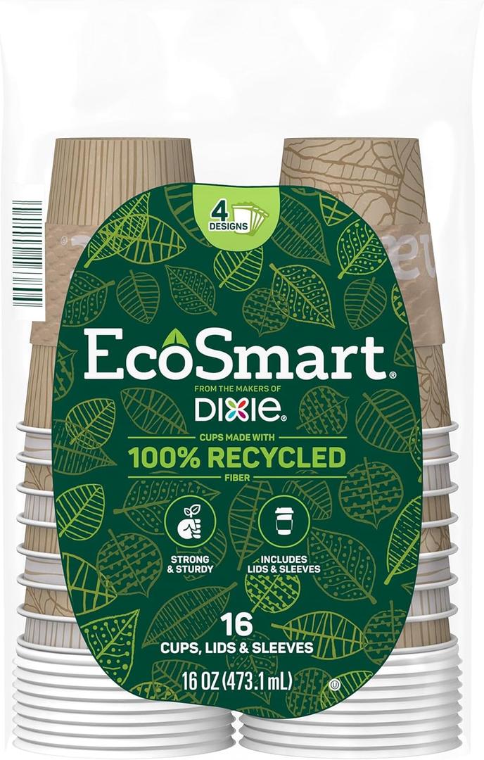 Dixie EcoSmart 100% Recycled Fiber Paper Coffee Cups With Lids, 16 Oz, 96 Count (Pack of 6), Large Paper Coffee Cups For Hot Beverages (Kraft)