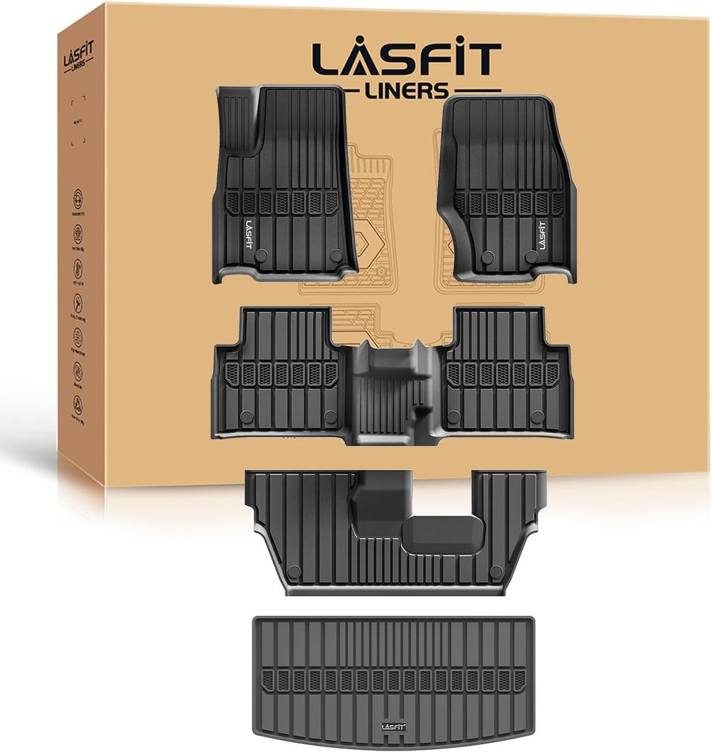 LASFIT Floor Mats & Trunk Mat for Jeep Grand Cherokee L 2021-2025 2026 7-Passenger (NOT Fit for 6-Passenger) All Weather TPE Custom Fit Car Mats Floor Liners Cargo Liner Cargo Mat Black