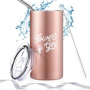 Yungyan Flower Girl Gift Cup Flower Girl Tumbler Water Bottle with Straw, Cleaning Brush, Ribbon for Wedding Proposal Valentine Party Gift from Bride(Rose Gold,1 Set)