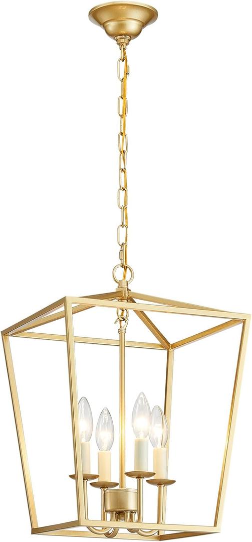 ANJIADENGSHI Vintage Lantern Pendant Light 4 Light Lantern Chandelier Farmhouse Gold Pendant Light for Kitchen Island Entryway Dining Room Hallway Bar Cafe(Bulbs Not Included), 9.4"l X 9.4"w X 13.7"h