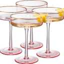 Khen Ribbed Vintage Art Deco Coupe Glasses - Martini, Champagne & Cocktail Ribbed Glasses 8oz | Crystal Ripple Goblet Glassware Set, Pink Gilded, 4 Pieces, Housewarming Gift
