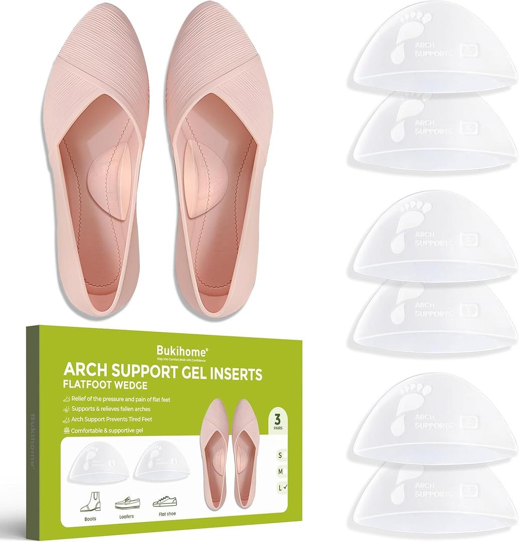 Bukihome Arch Support Inserts for Plantar Fasciitis - Anti Gravity Design - 3 Pairs Adhesive Gel Arch Pads for Women & Men - High Arch Support Insoles for Flat Feet,Relieve Pressure - Large (Clear)