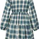 FANCYINN Womens Long Sleeve Buffalo Plaid Shift Tunic Dress Ruffle Hem Vneck Casual Swing Babydoll Mini Dress with Pockets (XS)