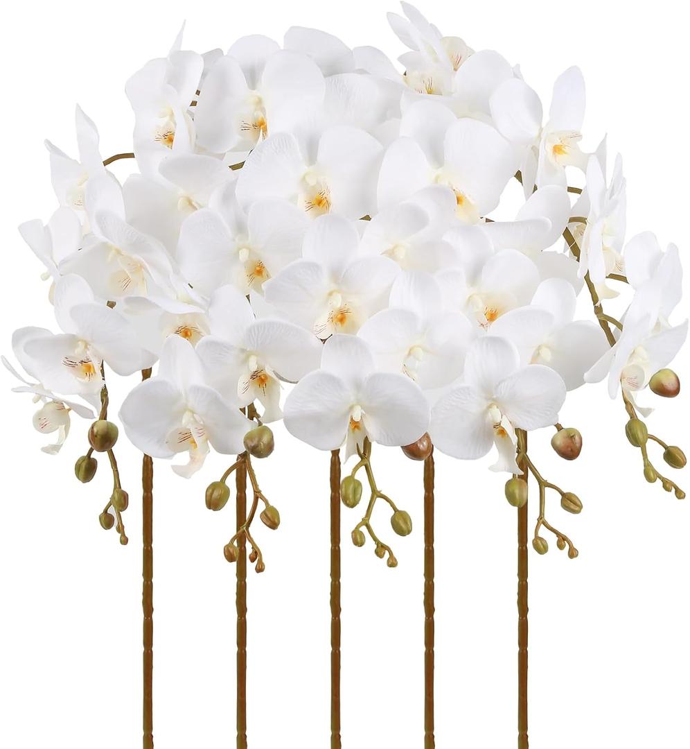 White Orchids Artificial Flowers 5PCS Fake Orchid 35.4" Long Stem Faux White Flowers Silk Orchids That Look Real for Bridal Shower Home Party Wedding Decoration