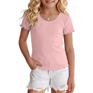 Girls' Short Sleeve T Shirt Kids Ribbed Scoop Neck Tops Lettuce Trim Cute Shirts Casual Fitted Tee for 5-14 Years (Pink)