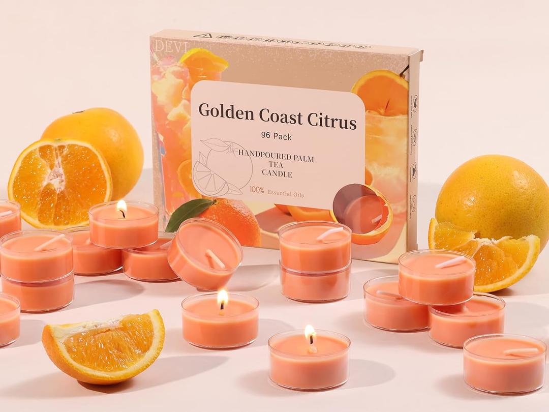 DEVI Golden Coast Citrus Highly Scented Tea Lights Candles 96 Pack, 3.5-4 Hours Natural Palm Tea Candles for Home Scented, Scented Small Votives with Essential Oils for Baby Shower, Relaxing