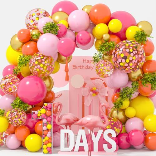 BBeitoo Pink and Orange Balloon Arch Kit 18"12" Hot Red Yellow and Gold Confetti Balloons for Tropical Summer Bachelorette Pink and Orange Birthday Party Decorations, Set Of 2