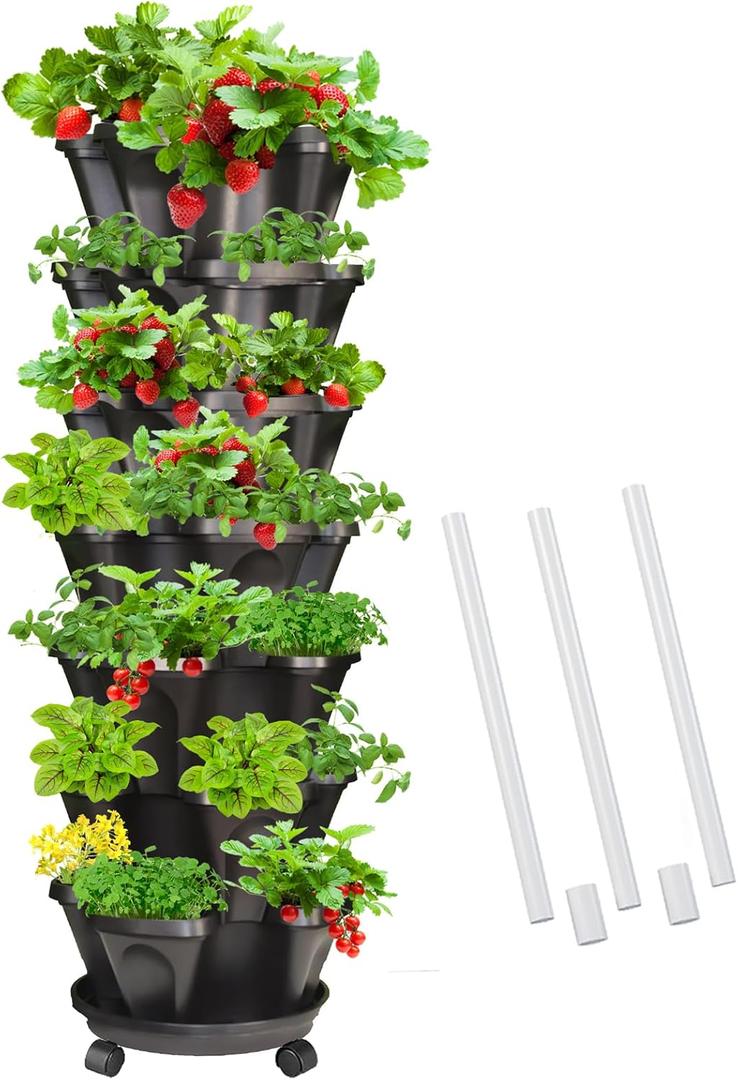 Strawberry Vertical Planters, 7 Tiered Stacking Tower Garden with Support Pole, Stackable Herb Vegetable Planters Indoor and Outdoor - Black (7 Tier-1 Pack, Black)