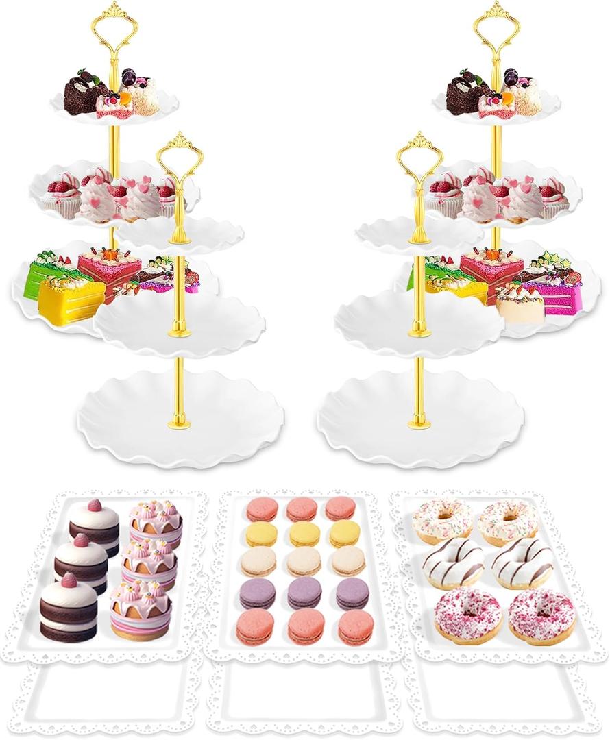 Hoedia 10 Pcs Cake Stand, Plastic Dessert Table Display Set, 4 Pcs 3 Tier Cupcake Stand Tower Holder and 6 Pcs Serving Tray for Tea Party Baby Shower Decorations, Round Wave