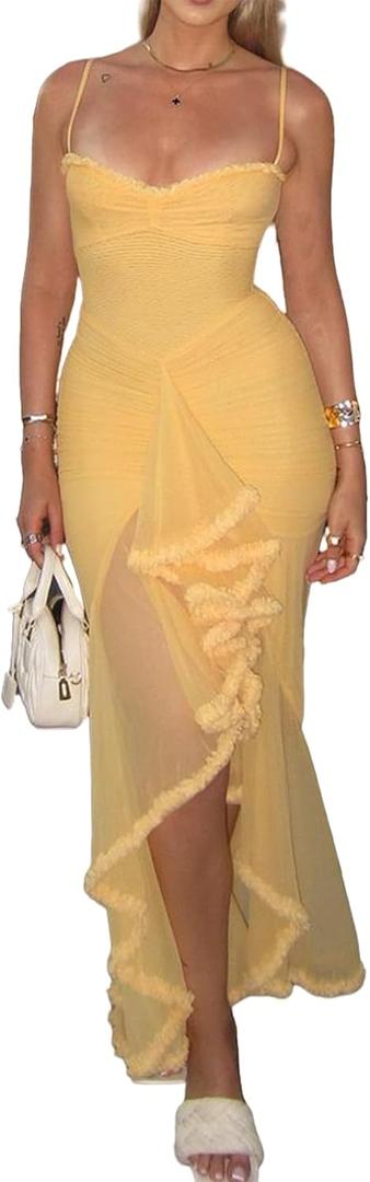 NRTHYE Women Elegant Irregular Ruffles Hem Maxi Dress Mesh Ruched Sleeveless Backless Pleated Long Party Club Dresses (Medium, 00yellow)