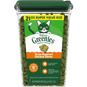 Greenies Cat Treats, Feline Veterinarian-Recommended Adult Natural Dental Cat Treats, Oven Roasted Chicken Flavor, 21 oz. Tub, Expiry: 10/13/27