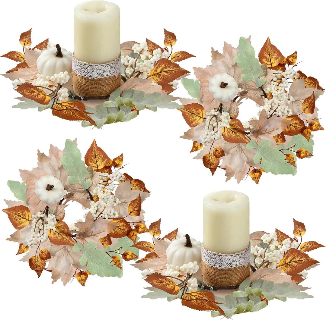 4 Pieces Thanksgiving Fall Candle Rings Center Fall Candle Rings Wreath Thanksgiving Autumn Decorative Artificial Maple Leaf Holder for Centerpiece Festival Party Decoration