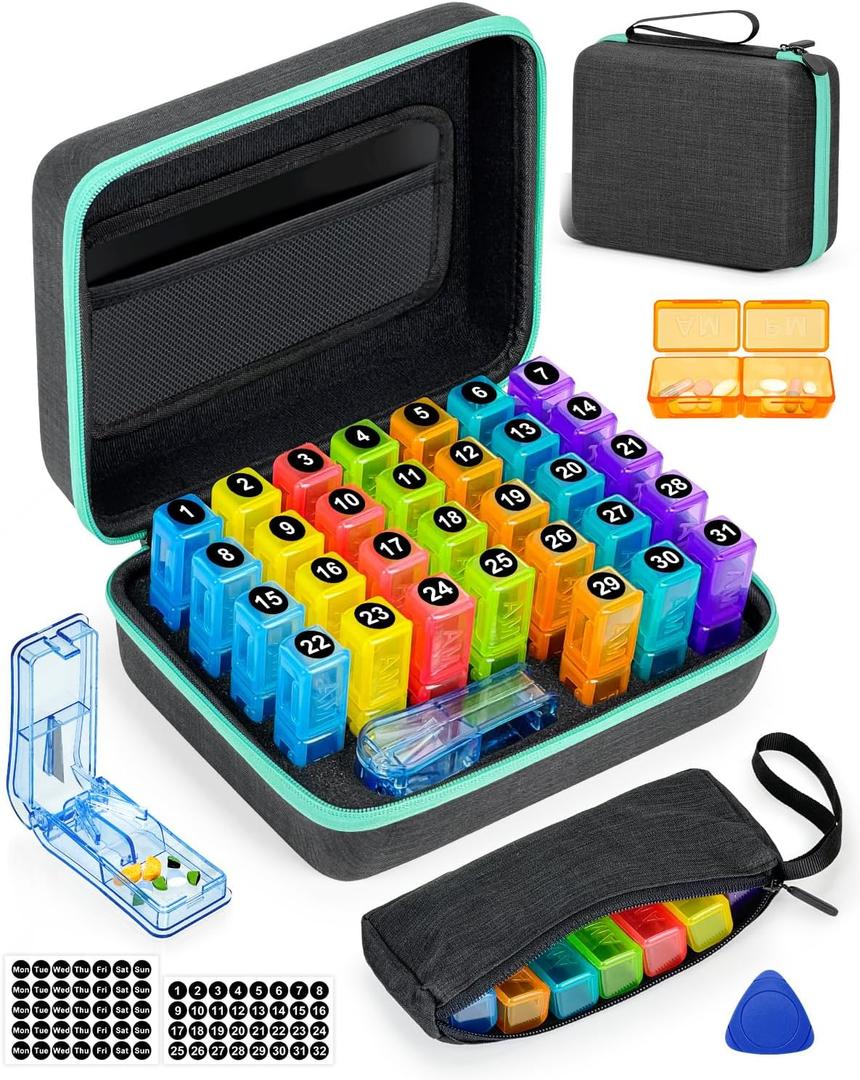 Monthly Pill Organizer 2 Times a Day, with Portable Hard Shell, Pill Cutter, 31-Day Box, Plastic Opening Pick, Monthly & Weekly Stickers, Convenient Medication Management (Black, 2 Times a Day)