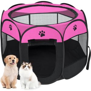 Dog playpen, Foldable Puppy Playpen, Pet Playpen Carrier Pop Up Tent 8-Panel Mesh Cover Adorable Design 600D Soft Oxford Playpen Kennel for Indoor-Outdoor Dog Cat Rabbit. (M 35" 35" 24", Rose)