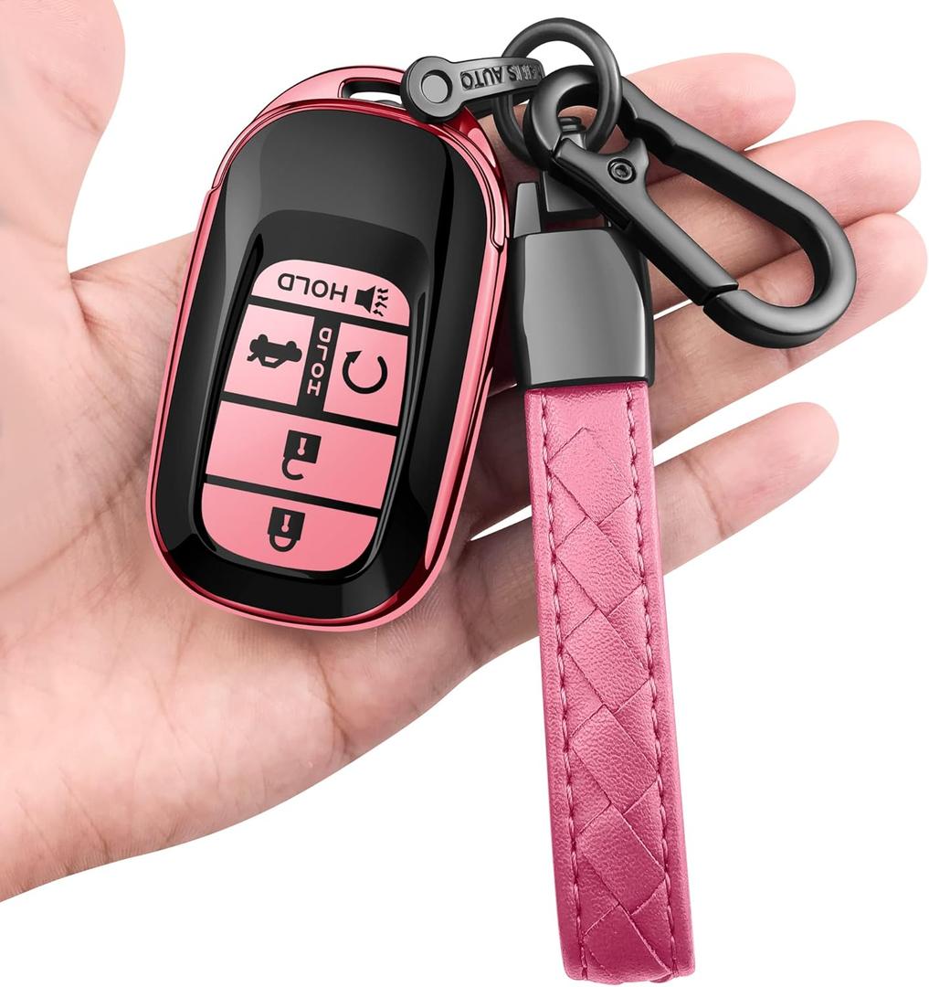for Honda Key fob Cover with Leather Keychain Soft TPU Full Cover Protection,for 2022 2023 2024 2025 Civic Accord HR-V Pilot CR-V,5-Buttons Key Fob Shell(Pink)