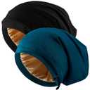 Silk Satin Bonnet Hair Wrap for Sleeping, 2 Pcs Adjustable Silk Bonnets for Women Men Sleep Cap Silk Lined Slouchy with Adjustable Strap Curly Hair Head Scarf Night Caps (Medium, Black+blue2)