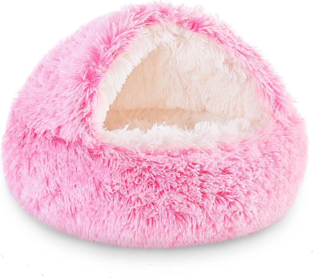 NOYAL Round Hooded Donut Dog Bed for Small & Medium Pets - Plush Fluffy Anti-Anxiety Cat Cave Bed with Cover (Medium 23.6'', Gradient Pink)