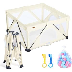 Baby Playpen Foldable, Playard for Babies and Toddlers, Portable Playpen Activity Center with 50 Balls+2 Handles for Travel, Indoor & Outdoor Play Pen with Mesh 59''x71''