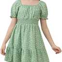 GORLYA Cute Girls Floral Print Puff Sleeve Square Neck Shirred Ruffle Hem Summer Babydoll Dress 10Y