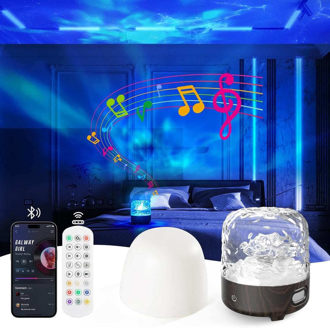 Ocean Wave Projector Light, Mood Lighting, Northern Lights Projector with Various RGB Light Effects, Built-in Bluetooth Speaker, Wireless Rechargeable for Bedroom, Bathroom, Living room, Party,Camping