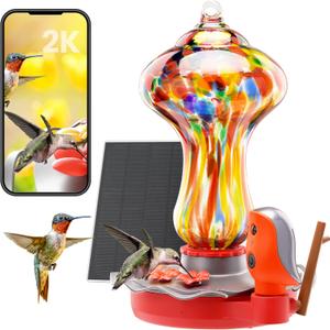 Glass Smart Hummingbird Feeder with 2K HD Camera Solar Powered - AI Identify & Water Detection, Instant Notification, Leakproof & Ant Moat, Work with Alexa & Google Assistant (Mushrooms)