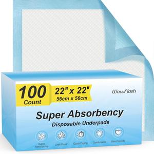 100 Count 22” x 22” Super Absorbency Disposable Underpads, Leakproof Quick Drying Disposable Pads for Baby, Puppy and Adults, Puppy Pads, Cat Pee Pads for Dogs, Potty Puppy Training Pads 