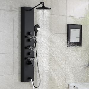 ROVOGO Shower Panel Tower System, 4-Function (Rain Shower, Handheld Sprayer, Body Jets, Tub Spout) with Simultaneous Use Option, Stainless Steel Shower Column with Adjustable Head, Black