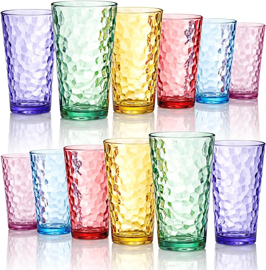 Bravario Hammered Plastic Drinking Tumbler, Dishwasher-Safe Premium Quality Water Glasses, BPA-Free Reusable Mixed Colors Assorted Stackable Cups, 22 oz Set of 12